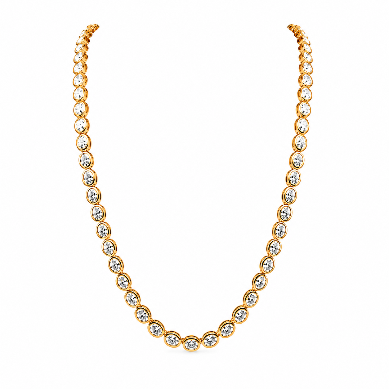 14K yellow gold bezel set diamond tennis necklace on white background