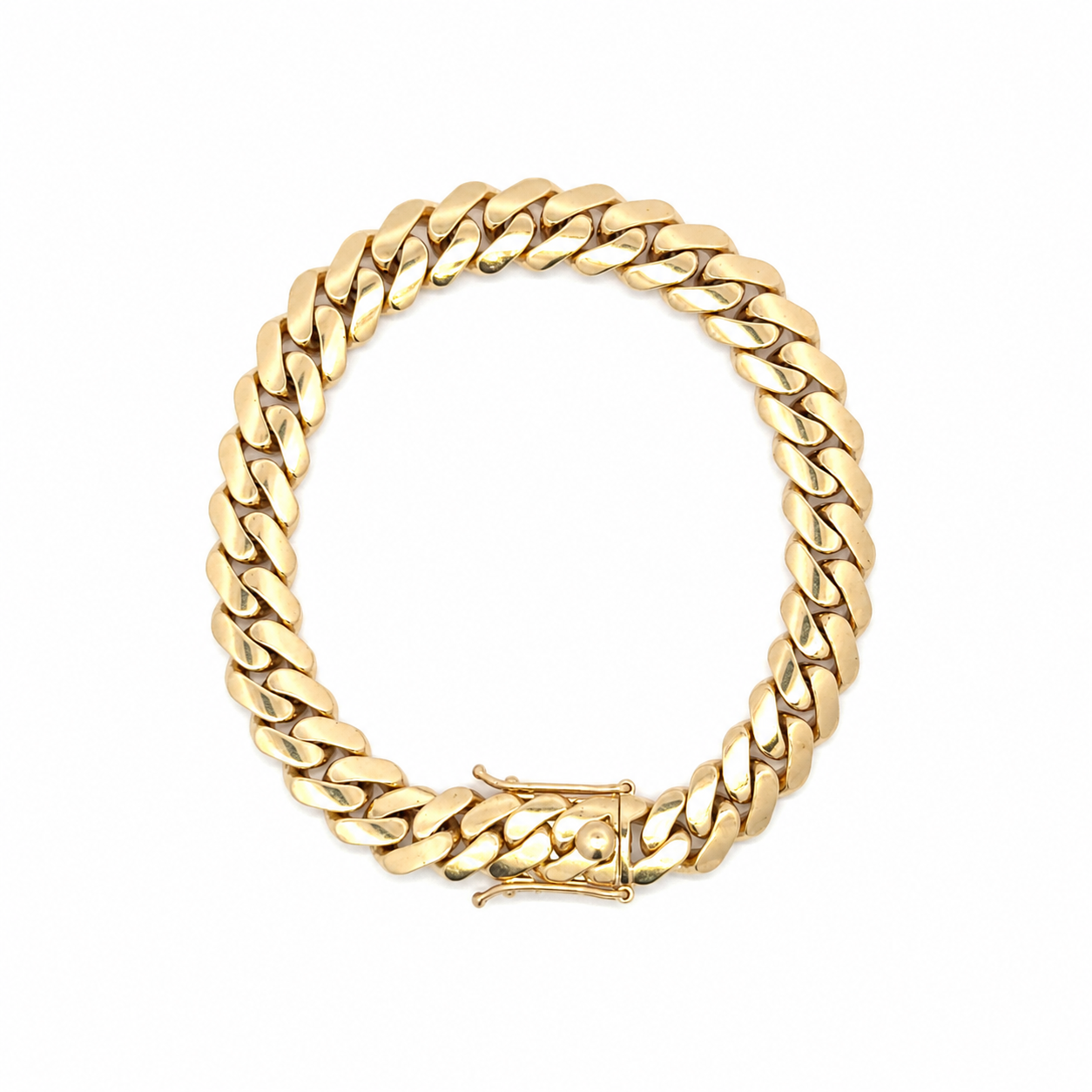 18K gold Miami Cuban link bracelet featuring a polished chain design for men and women