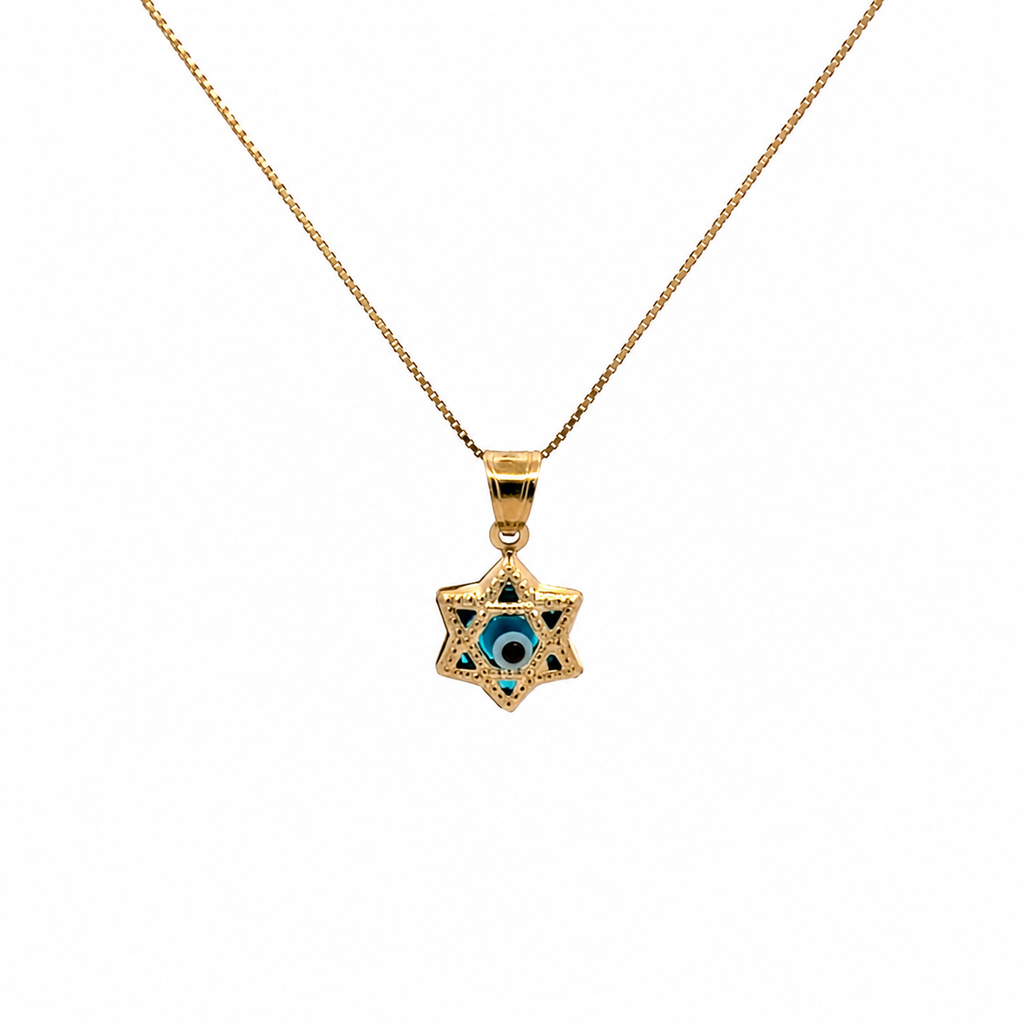 14K gold Star of David evil eye pendant necklace with blue enamel detail on a delicate gold chain