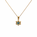 14K gold Star of David evil eye pendant necklace with blue enamel detail on a delicate gold chain