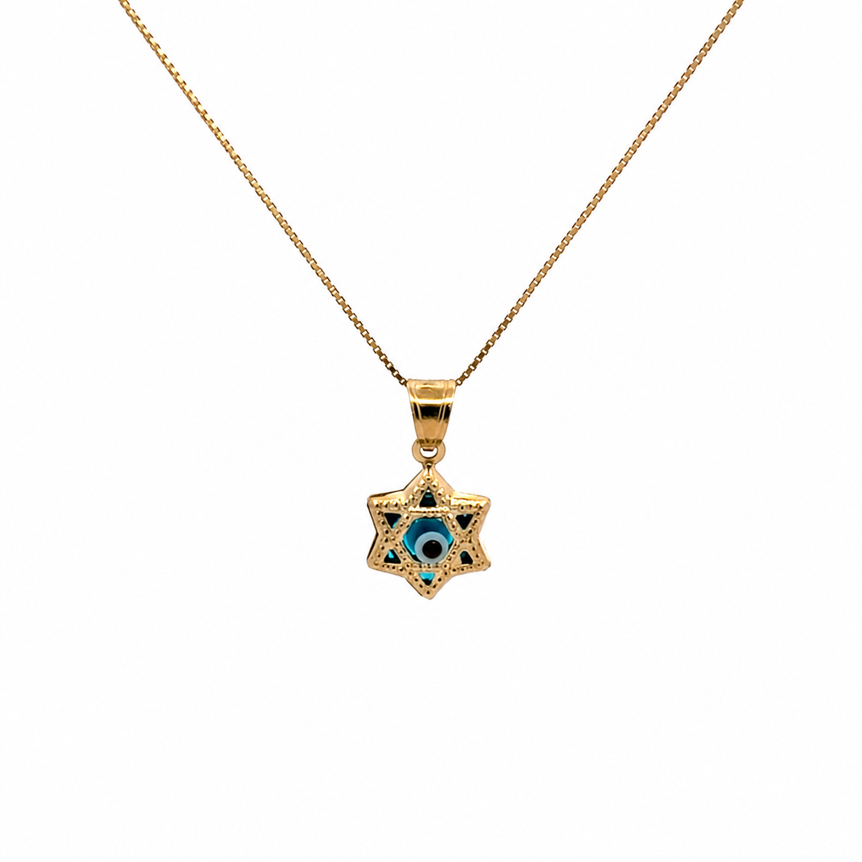14K gold Star of David evil eye pendant necklace with blue enamel detail on a delicate gold chain