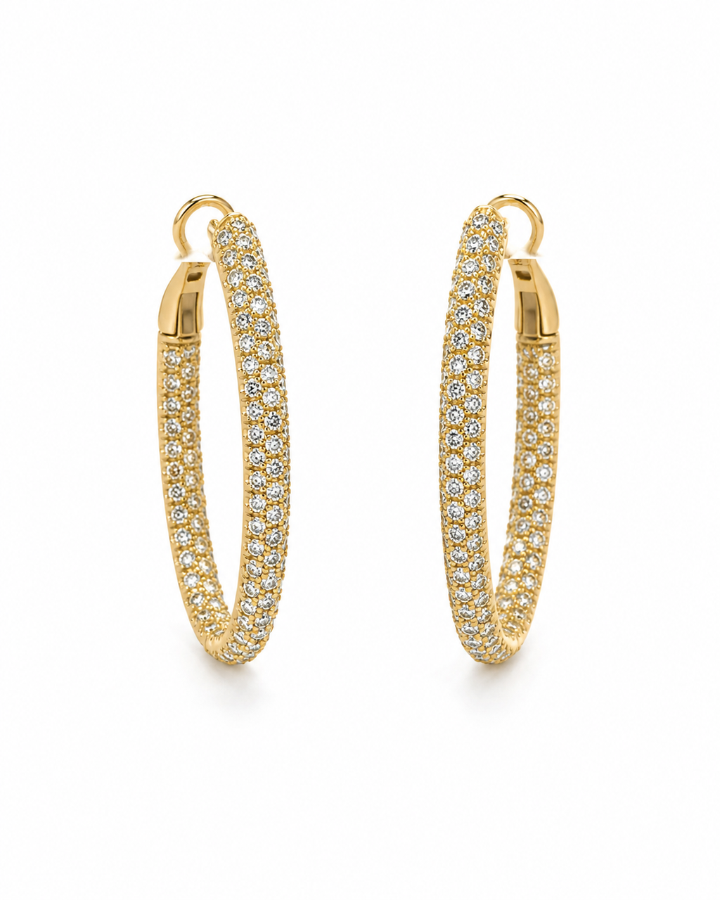 18K yellow gold diamond hoop earrings featuring pavé-set round brilliant diamonds with secure hinged closure, luxury fine jewelry