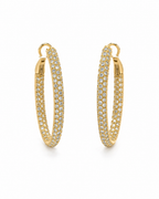 18K yellow gold diamond hoop earrings featuring pavé-set round brilliant diamonds with secure hinged closure, luxury fine jewelry