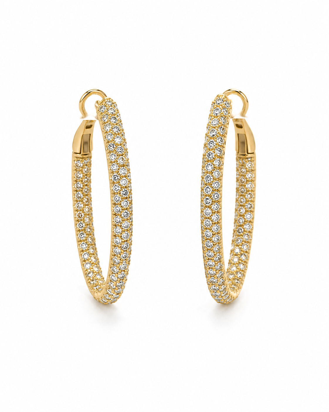 18K yellow gold diamond hoop earrings featuring pavé-set round brilliant diamonds with secure hinged closure, luxury fine jewelry