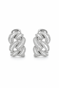 Model wearing 18K white gold diamond chain link earrings with baguette and pavé natural diamonds