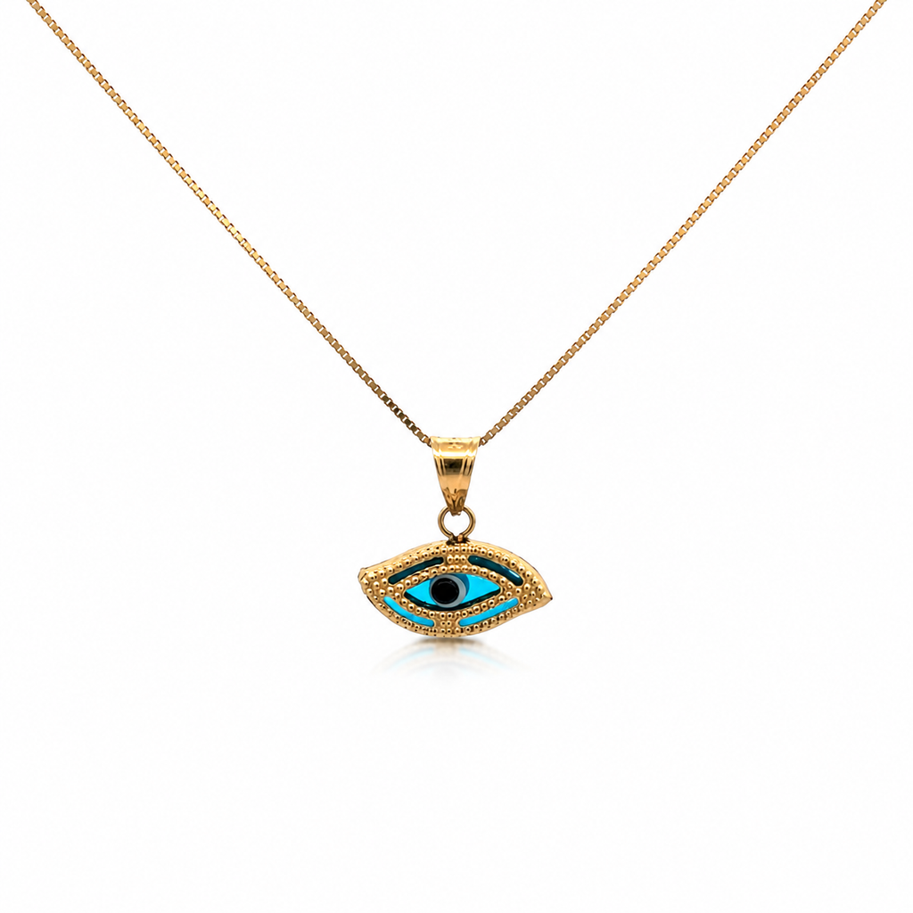 14K gold evil eye necklace with blue enamel pendant on a delicate gold chain displayed on a white background