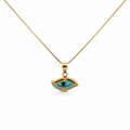 14K gold evil eye necklace with blue enamel pendant on a delicate gold chain displayed on a white background
