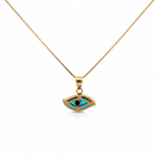 14K gold evil eye necklace with blue enamel pendant on a delicate gold chain displayed on a white background