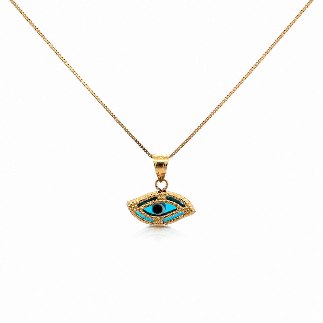 14K gold evil eye necklace with blue enamel pendant on a delicate gold chain displayed on a white background