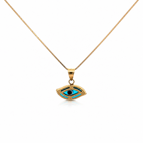 14K gold evil eye necklace with blue enamel pendant on a delicate gold chain displayed on a white background
