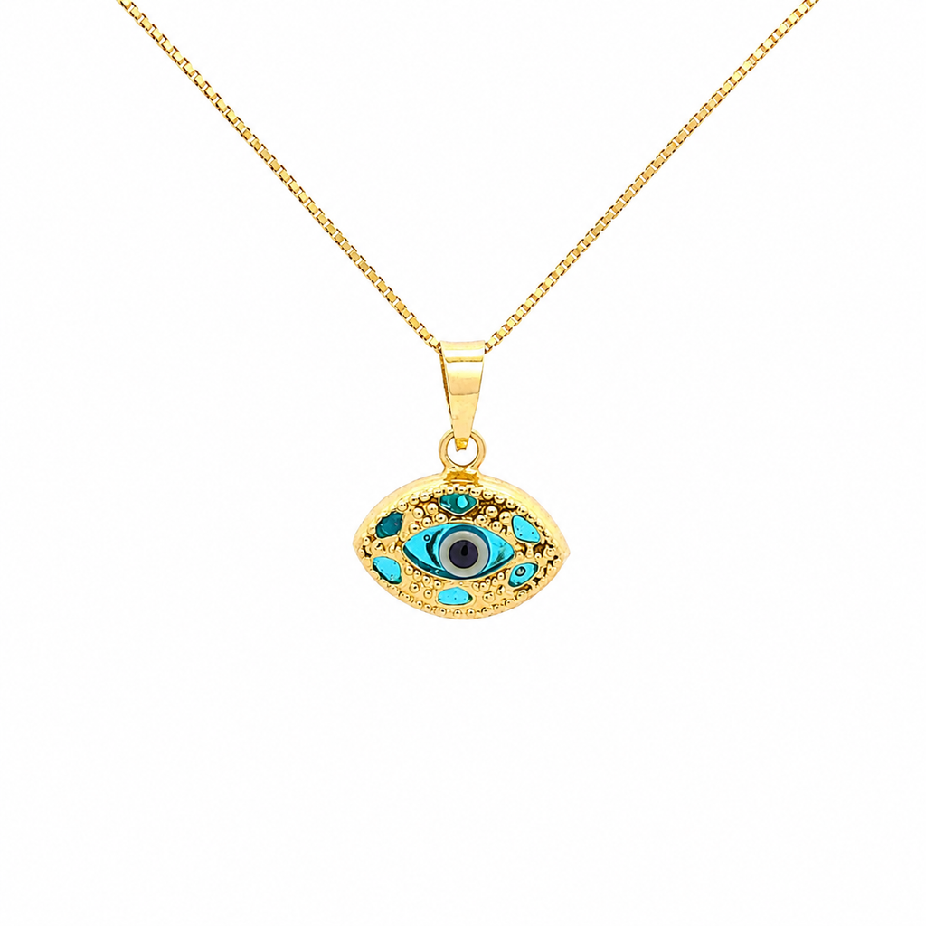 14K Gold Evil Eye Necklace with Blue Eye Pendant | 16” Box Chain