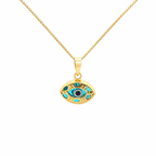 14K Gold Evil Eye Necklace with Blue Eye Pendant | 16” Box Chain