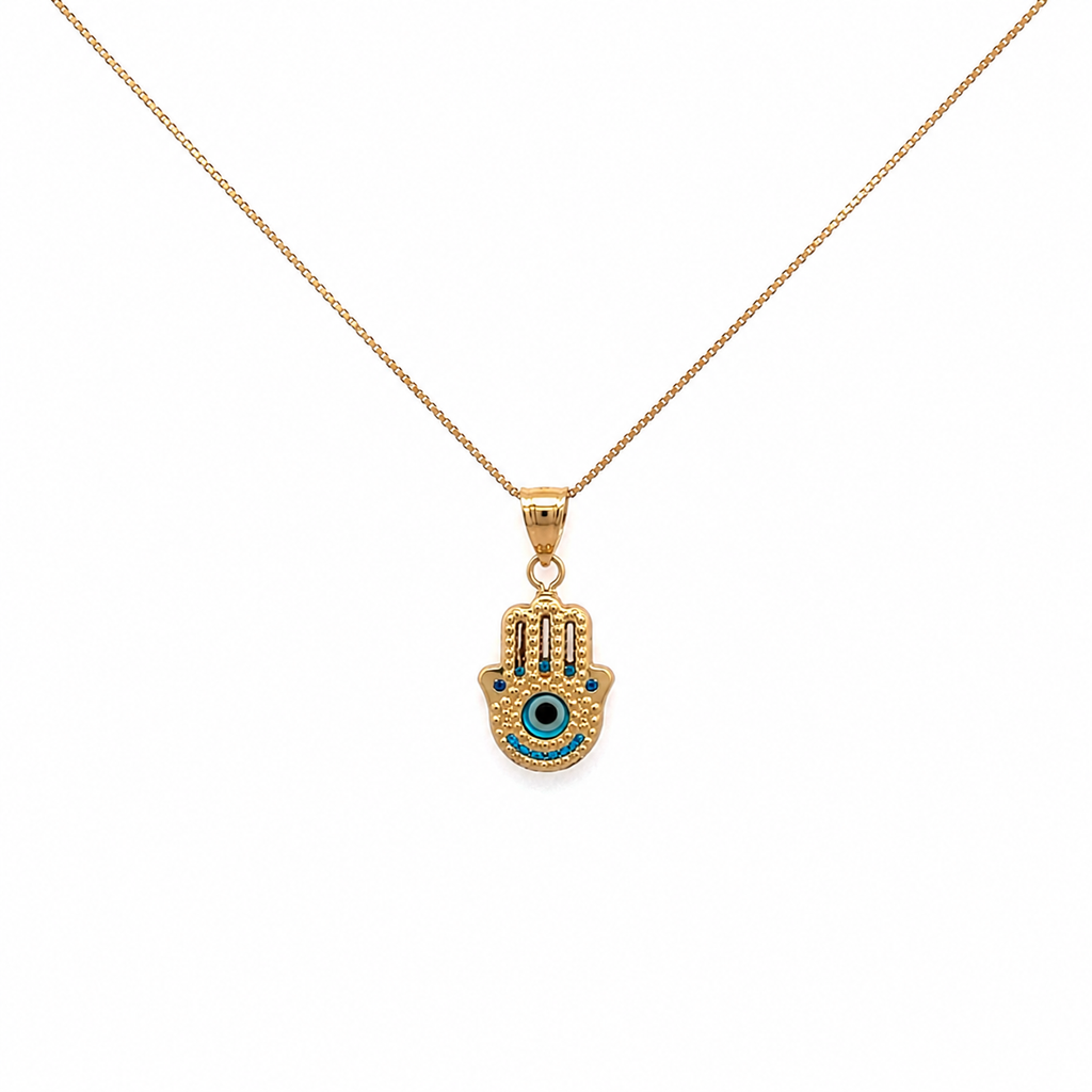 14K gold Hamsa hand necklace with blue evil eye pendant on a delicate gold chain displayed on a white background