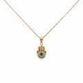 14K gold Hamsa hand necklace with blue evil eye pendant on a delicate gold chain displayed on a white background