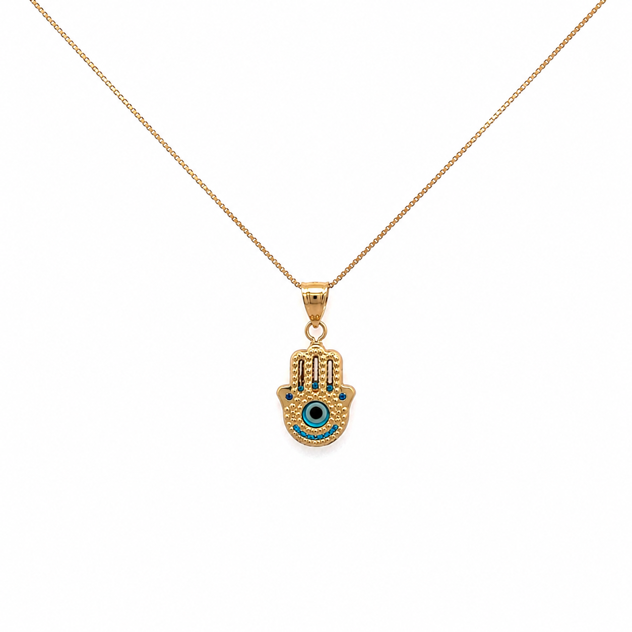 14K gold Hamsa hand necklace with blue evil eye pendant on a delicate gold chain displayed on a white background