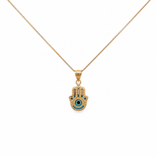 14K gold Hamsa hand necklace with blue evil eye pendant on a delicate gold chain displayed on a white background