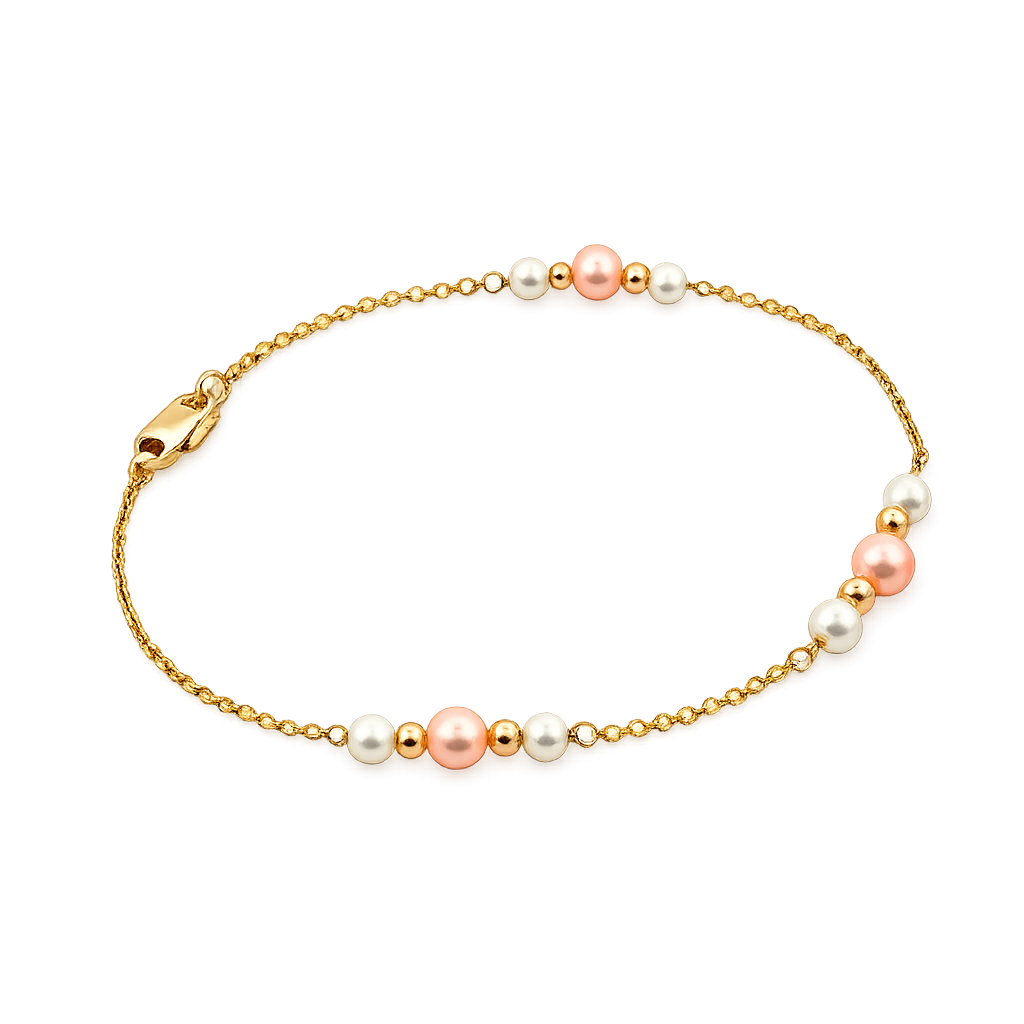 14K gold bracelet featuring white and blush freshwater pearls on a delicate station chain