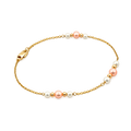 14K gold bracelet featuring white and blush freshwater pearls on a delicate station chain