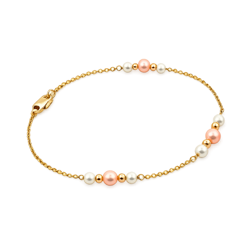 14K gold bracelet featuring white and blush freshwater pearls on a delicate station chain