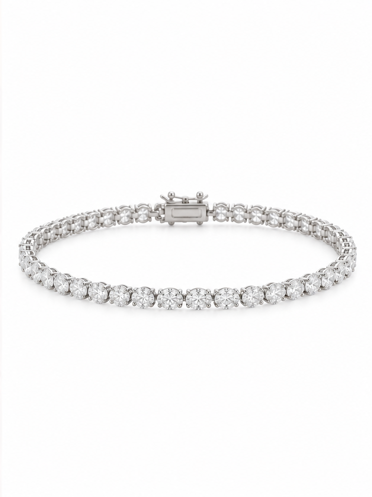 Elegant oval-cut lab-grown diamond tennis bracelet on a woman’s wrist beside soft pink roses, La Noosha Jewelry.