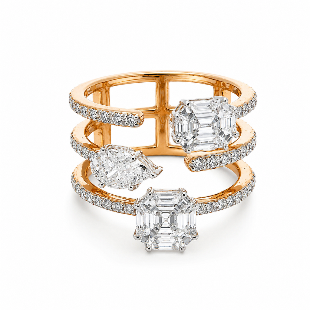 18K gold Asscher and pear diamond multi-band statement ring with pavé diamond accents