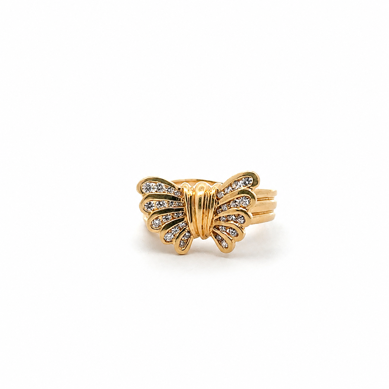 14K gold butterfly ring with diamond accents on a white background