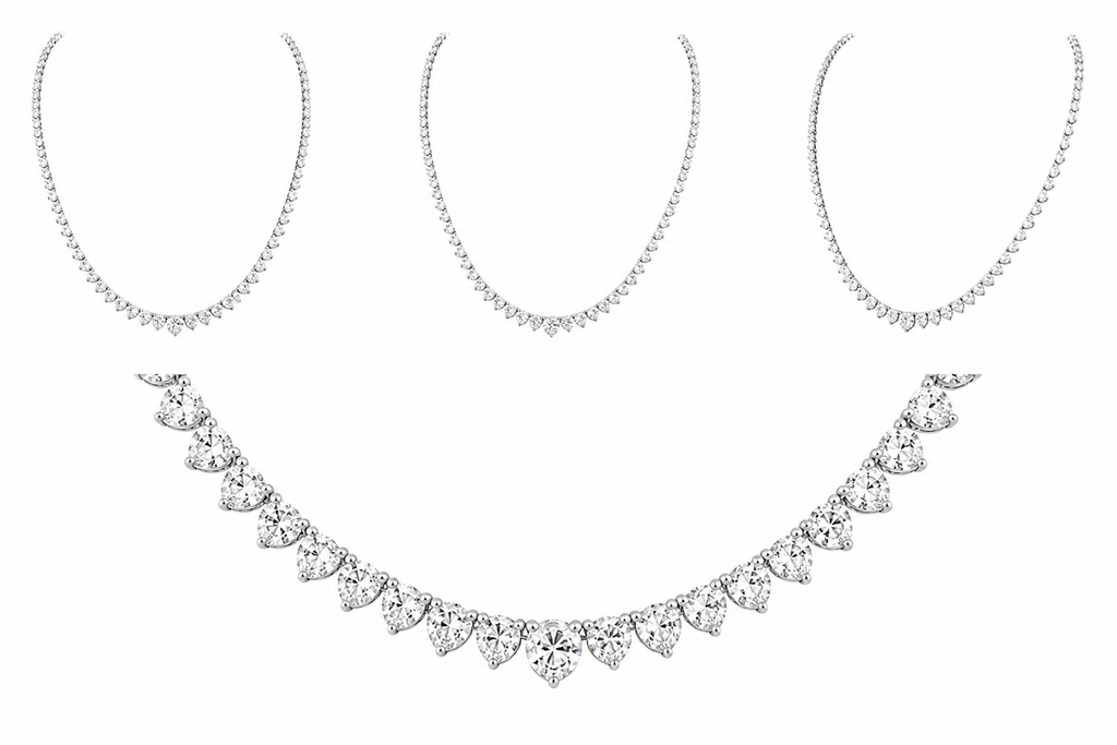 14K white gold diamond tennis necklace featuring 5.59 carats of graduated diamonds