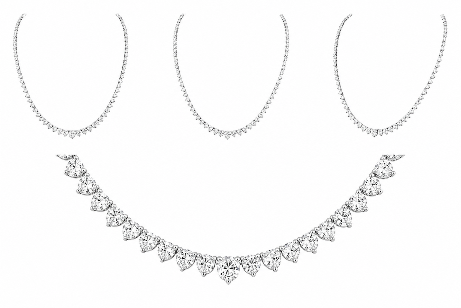 14K white gold diamond tennis necklace featuring 5.59 carats of graduated diamonds