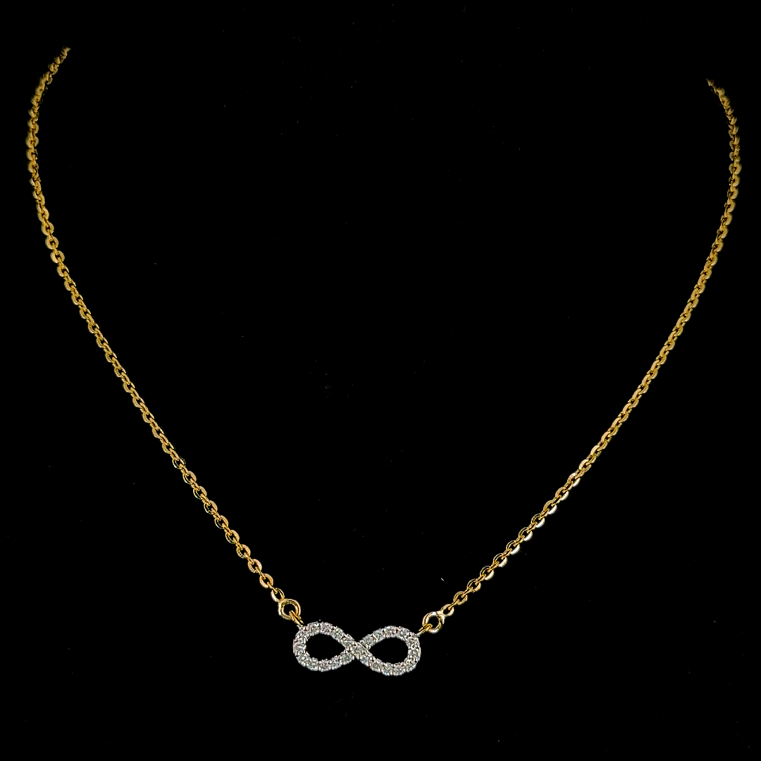 Elegant gold necklace by La Noosha Jewelry displayed on a model’s neck, featuring a timeless luxury design with a beautiful polished gold finish.