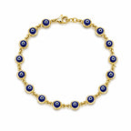 Luxury 14K yellow gold evil eye bracelet for women with blue evil eye details, designer fine jewelry from Los Angeles USA