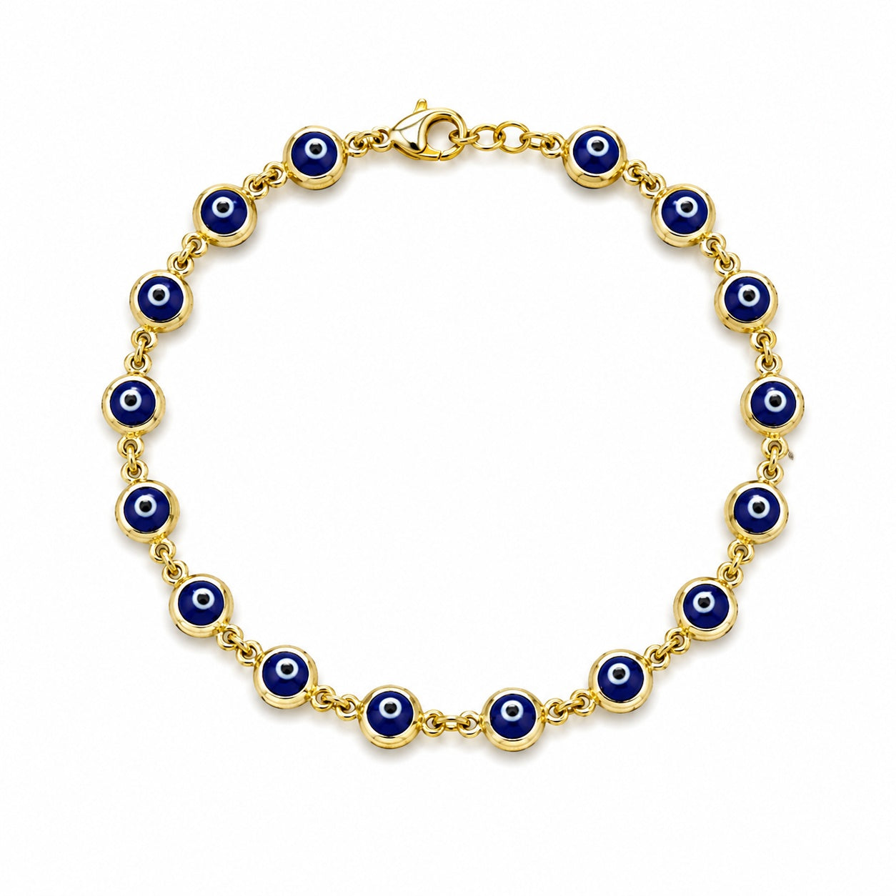 Luxury 14K yellow gold evil eye bracelet for women with blue evil eye details, designer fine jewelry from Los Angeles USA