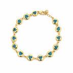 14K yellow gold evil eye bracelet with blue enamel accents on a delicate chain, luxury fine jewelry designed in Los Angeles