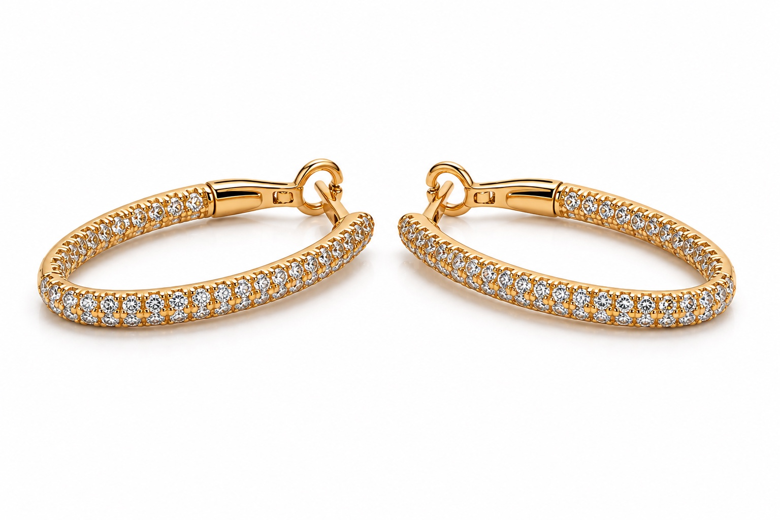 18K yellow gold diamond hoop earrings featuring pavé-set round brilliant diamonds with secure hinged closure, luxury fine jewelry