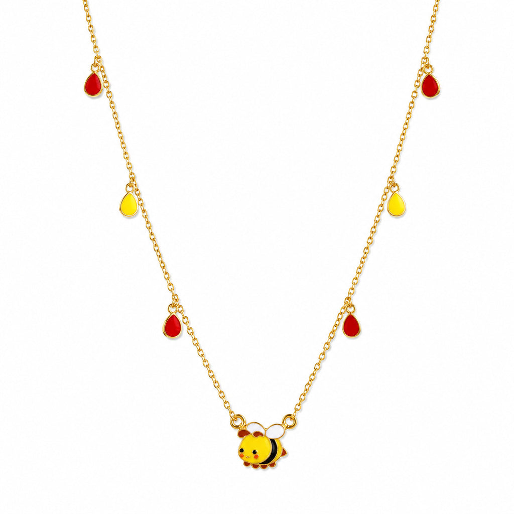 Kids gold necklace with a colorful bee and red and yellow teardrop charms