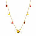 Kids gold necklace with a colorful bee and red and yellow teardrop charms