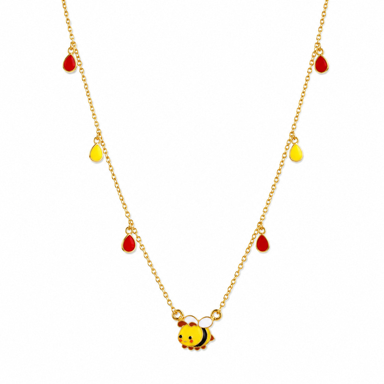 Kids gold necklace with a colorful bee and red and yellow teardrop charms