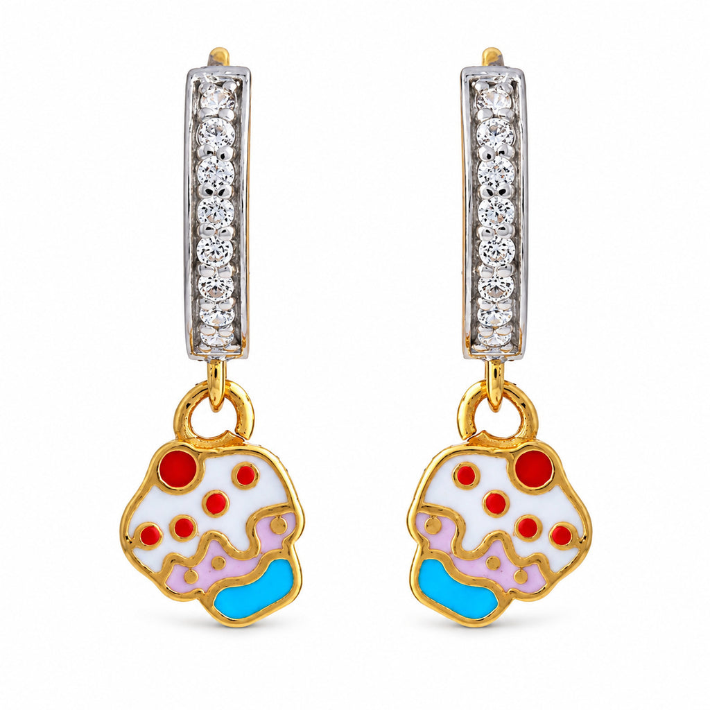Kids gold drop earrings with clear-stone bars and colorful cupcake charms