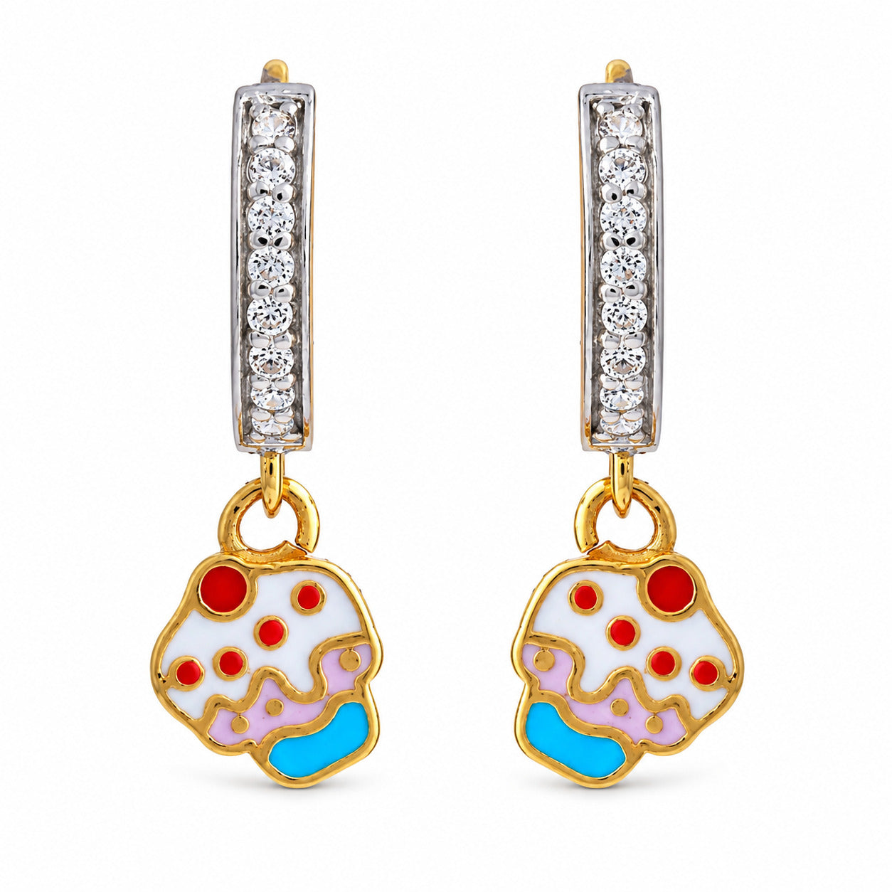 Kids gold drop earrings with clear-stone bars and colorful cupcake charms