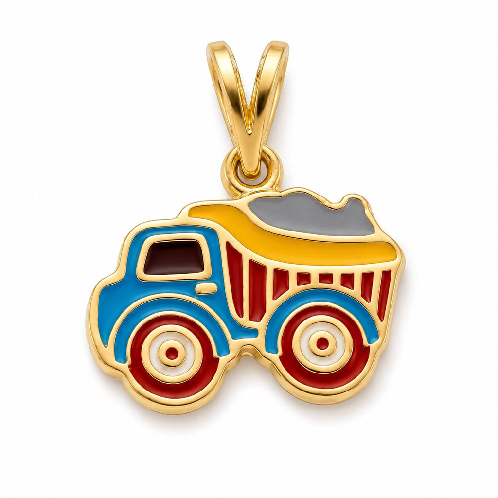 Kids gold pendant featuring a colorful blue red and yellow dump truck