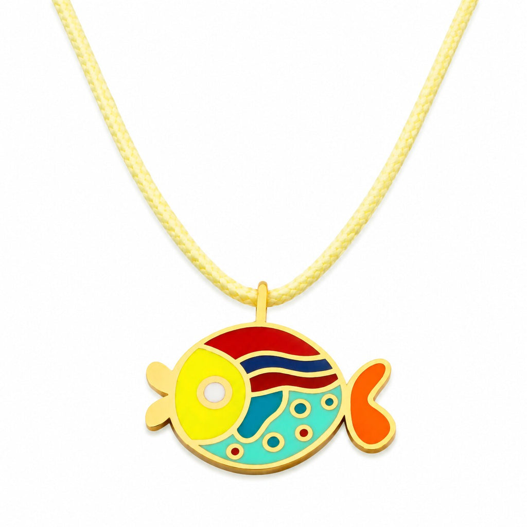 Kids yellow cord necklace with a colorful gold fish pendant