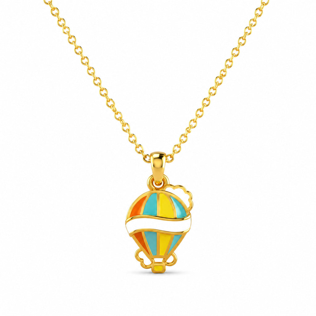 Kids gold necklace with a colorful hot air balloon pendant