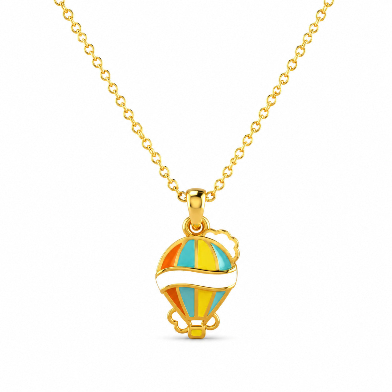Kids gold necklace with a colorful hot air balloon pendant