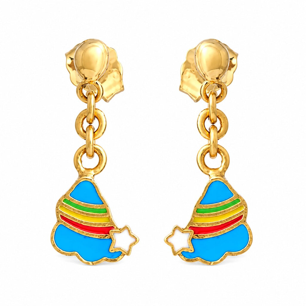 Kids gold drop earrings with colorful blue magic hats and white stars