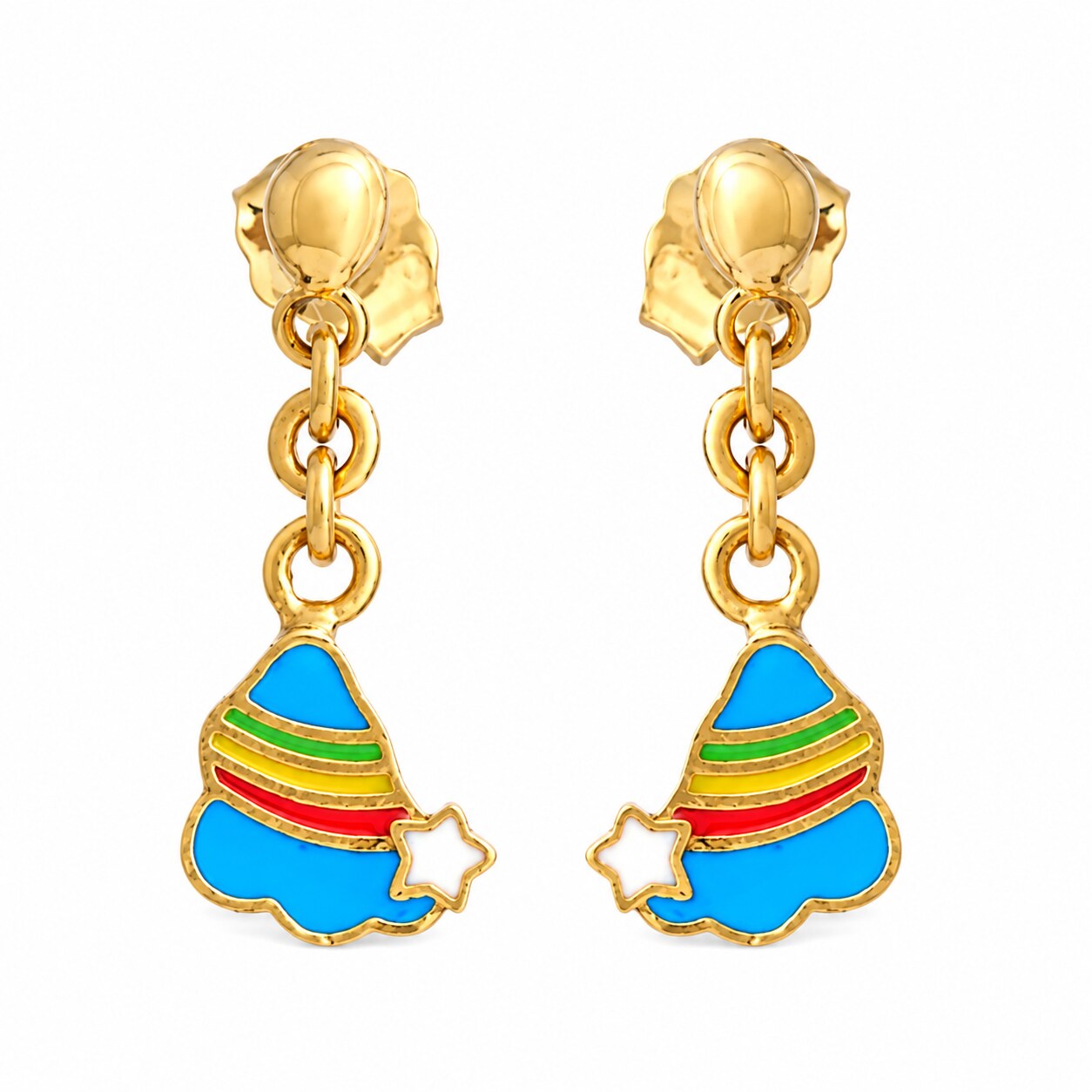 Kids gold drop earrings with colorful blue magic hats and white stars