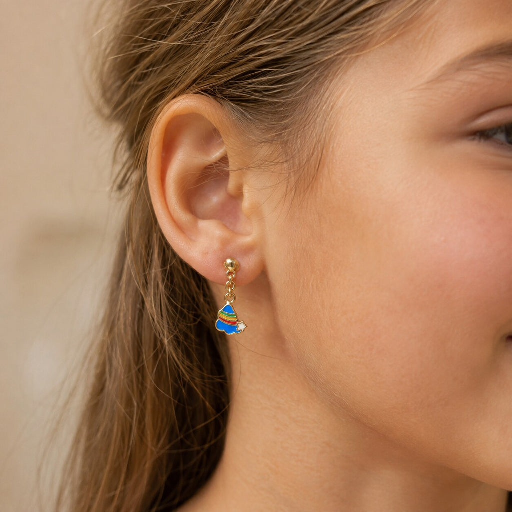 Child wearing a small colorful gold magic hat drop earring