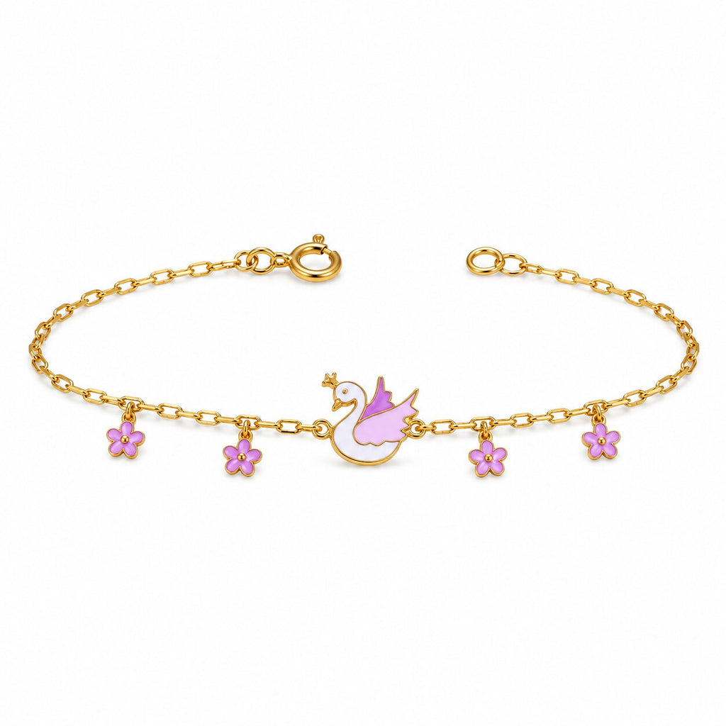 Kids gold bracelet with a crowned white swan and four purple flower charms