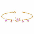 Kids gold bracelet with a crowned white swan and four purple flower charms