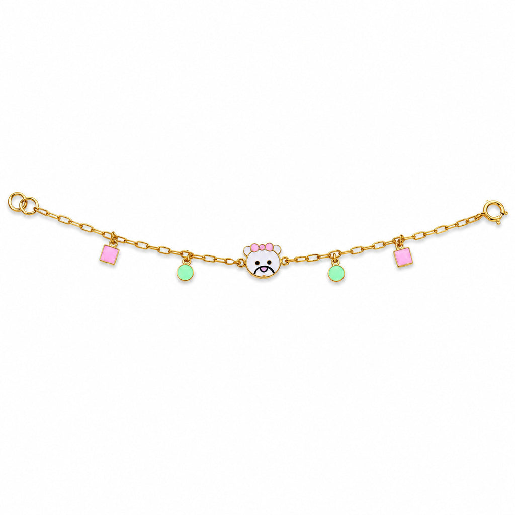 Kids gold bracelet with a cute animal face and pink and mint geometric charms