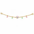 Kids gold bracelet with a cute animal face and pink and mint geometric charms