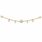 Kids gold bracelet with a cute animal face and pink and mint geometric charms
